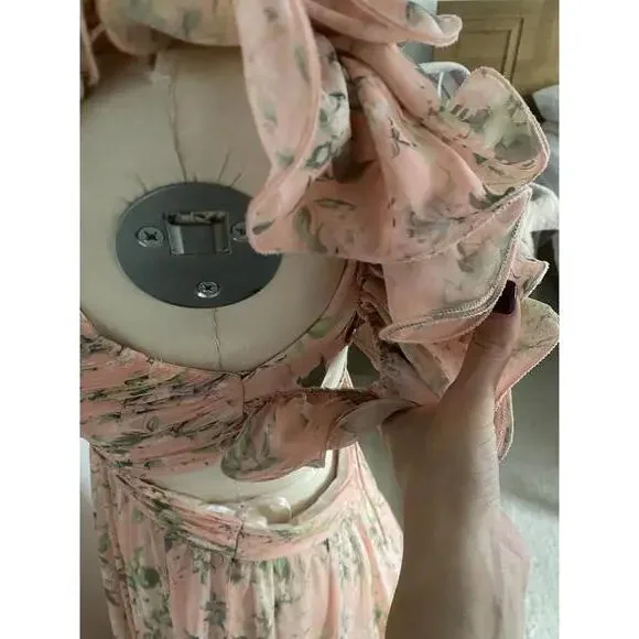 Mac Duggal - Women’s Tiered Pink Floral Chiffon Gown, cutout back, size 10 - Picture 11 of 13